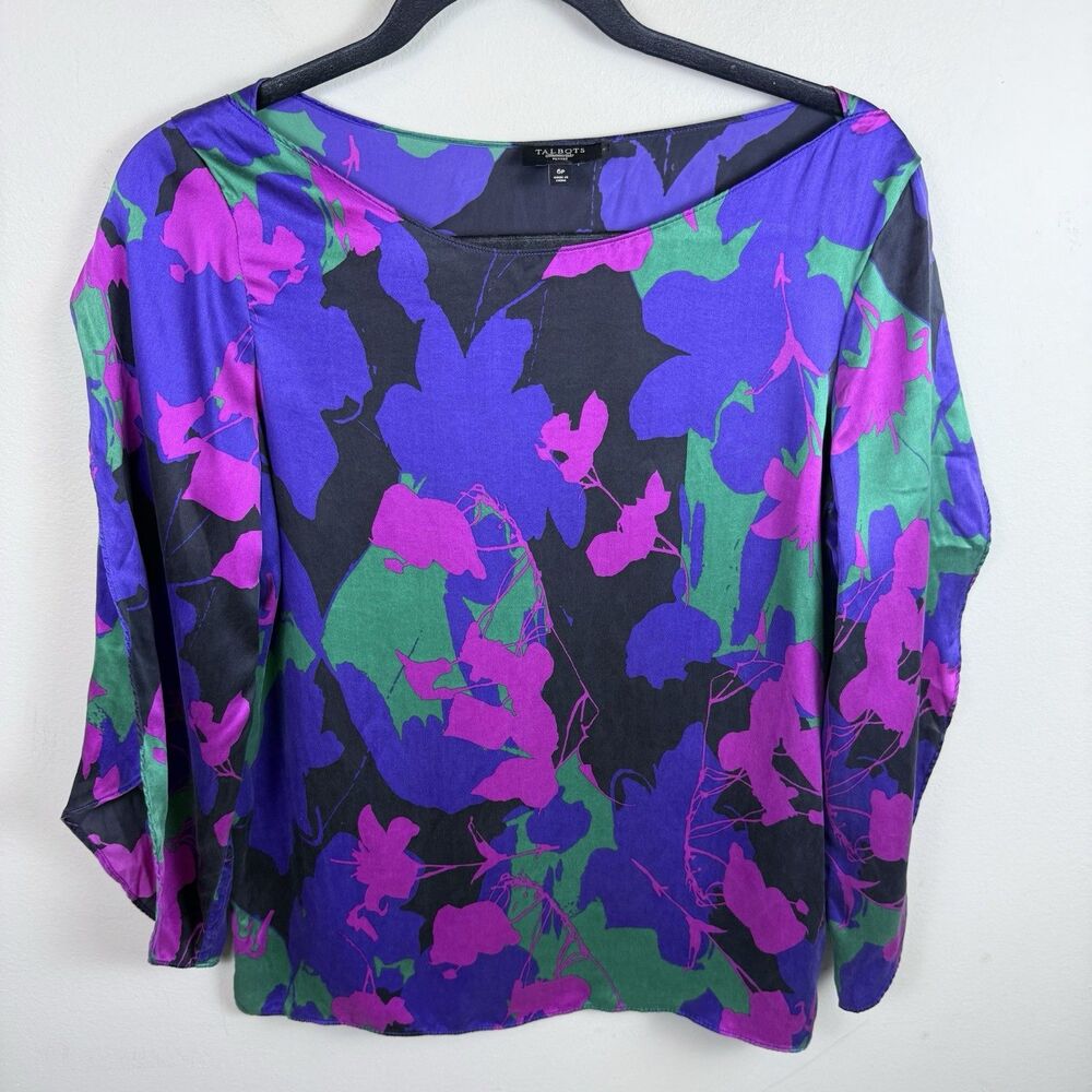 Talbots Womens 100% Silk Floral 3/4 Sleeve Split Flutter Petite Size 6 Career